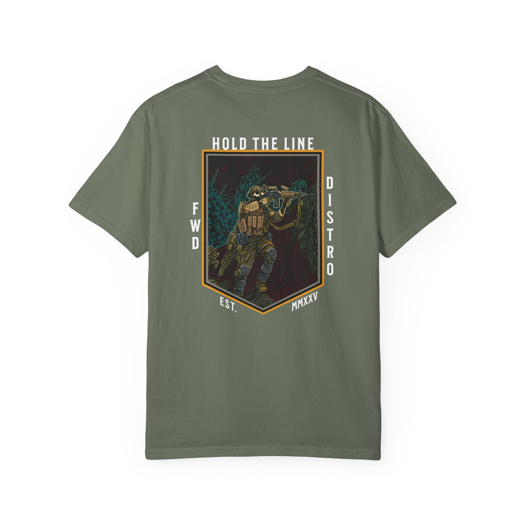 Moss Heavyweight t-shirt with a soldier firing over a bunker with text Hold The Line.