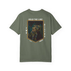 Moss Heavyweight t-shirt with a soldier firing over a bunker with text Hold The Line.