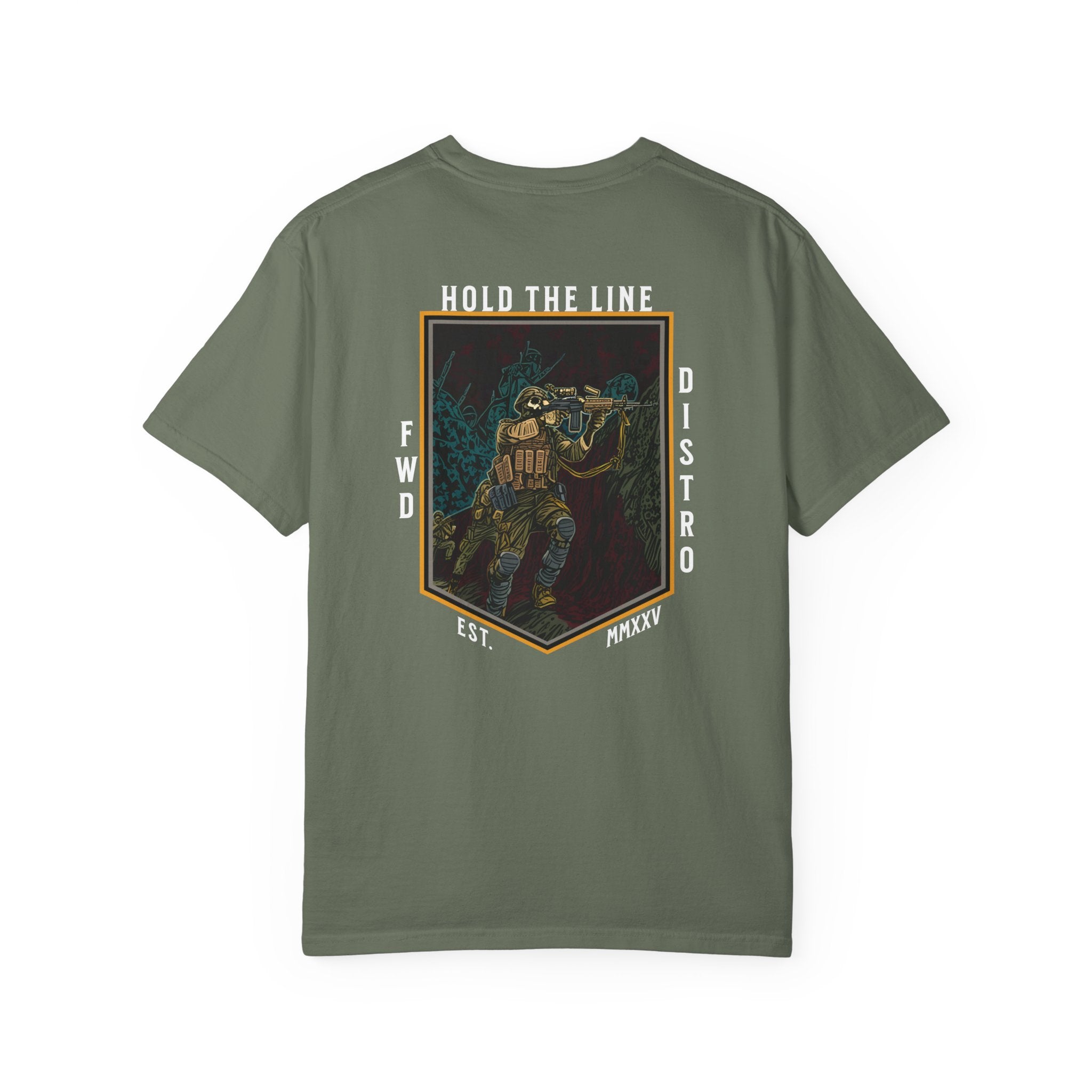 Moss Heavyweight t-shirt with a soldier firing over a bunker with text Hold The Line.
