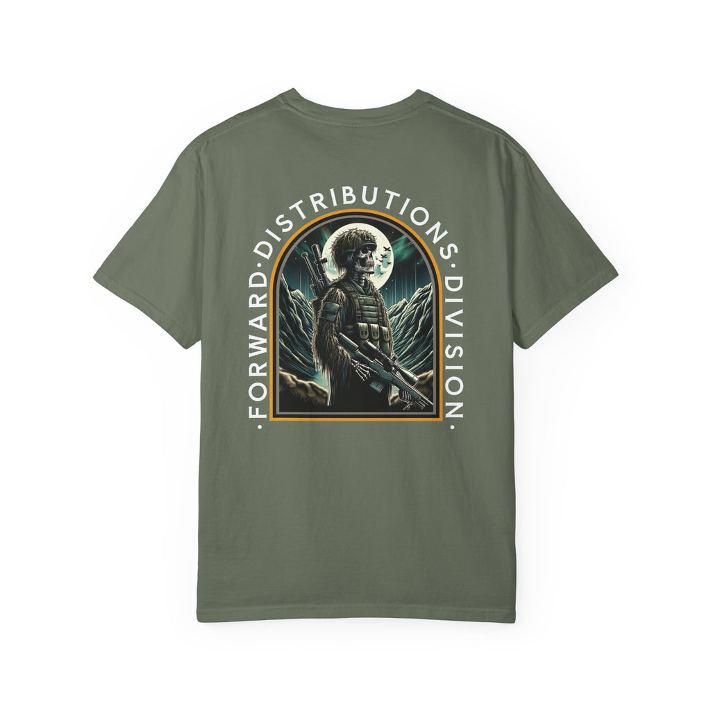 Moss heavyweight cotton T-shirt with graphic of soldier holding rifle under full moon and text Forward Distributions Division.
