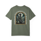 Moss heavyweight cotton T-shirt with graphic of soldier holding rifle under full moon and text Forward Distributions Division.