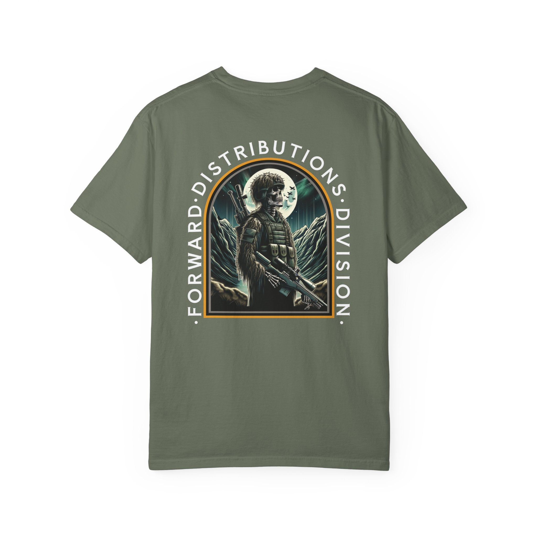 Moss heavyweight cotton T-shirt with graphic of soldier holding rifle under full moon and text Forward Distributions Division.