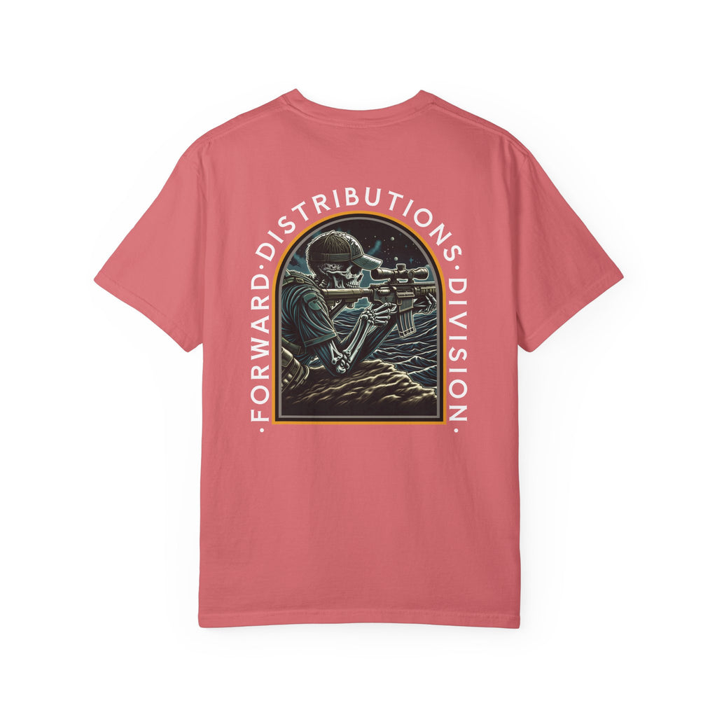 Watermelon FDD Arch II t-shirt with a skeleton sniper design and "Forward Distributions Division" text on back.