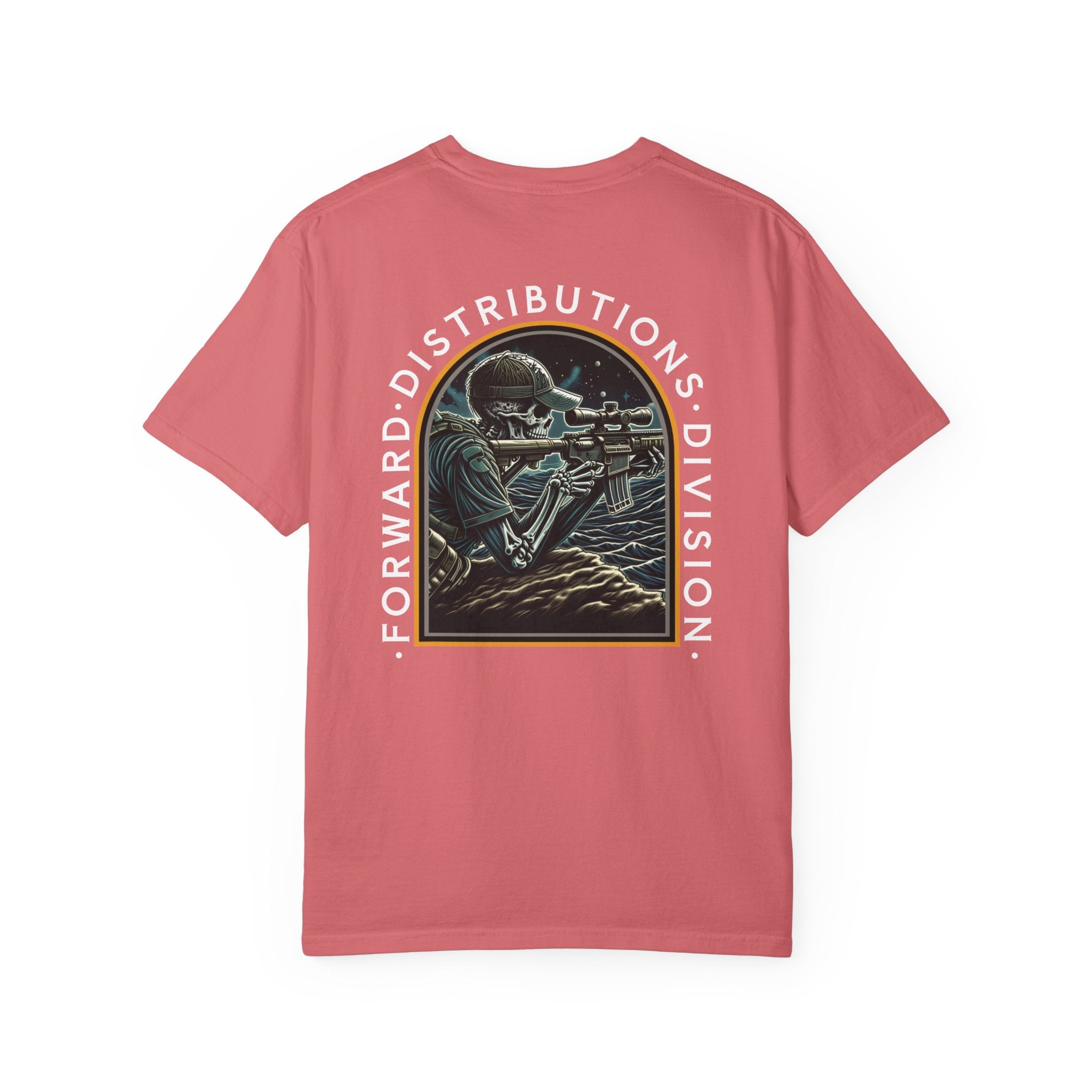 Watermelon FDD Arch II t-shirt with a skeleton sniper design and "Forward Distributions Division" text on back.