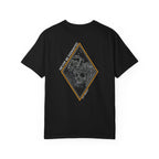 Black heavyweight cotton t-shirt with a skull graphic framed by a diamond shape on the back.