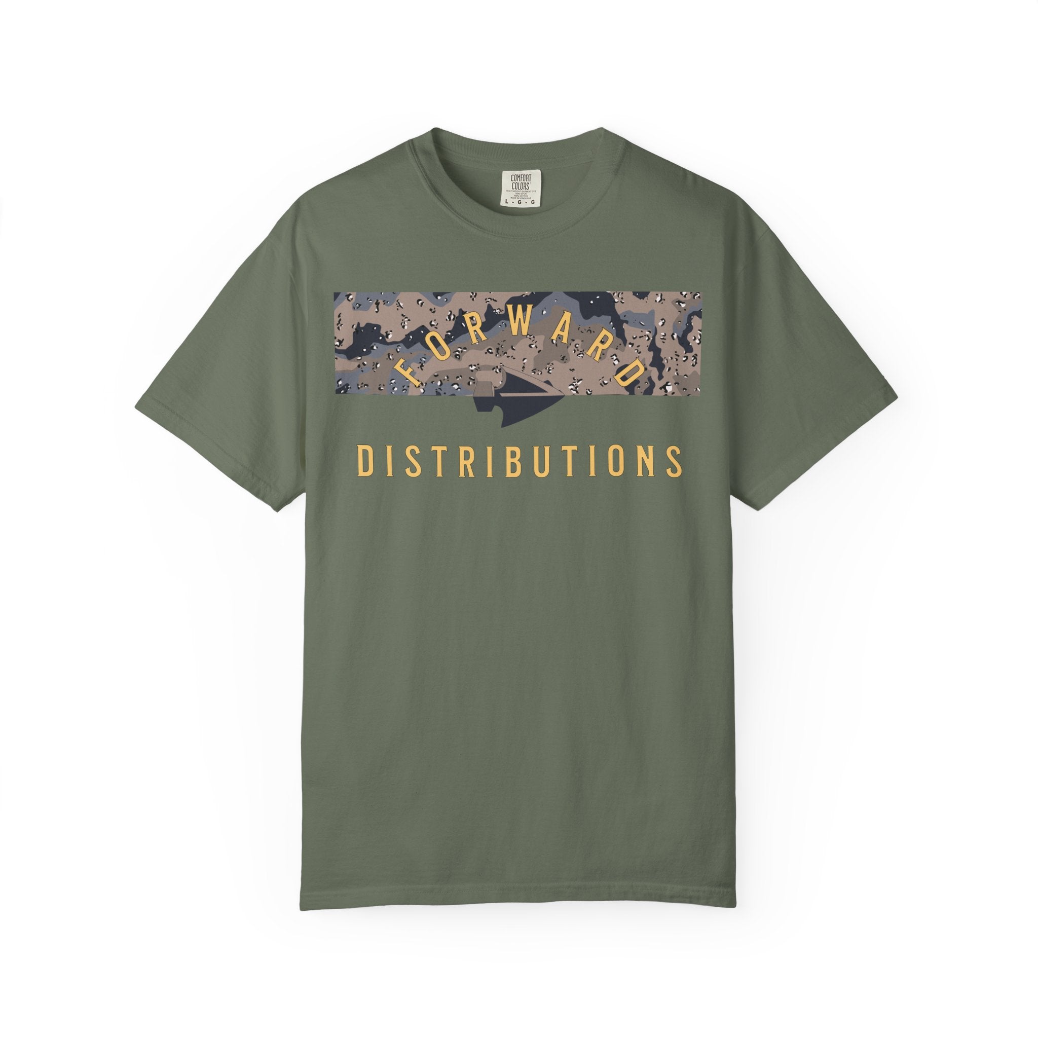 Moss Forward Distributions Logo T-Shirt with Blueberry Chip Split Camo Block