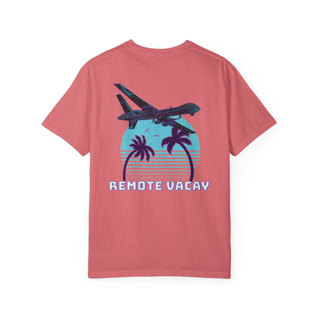 Watermelon heavyweight cotton t-shirt with retro airplane, palm trees, and "Remote Vacay" text graphic on back.