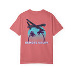 Watermelon heavyweight cotton t-shirt with retro airplane, palm trees, and "Remote Vacay" text graphic on back.