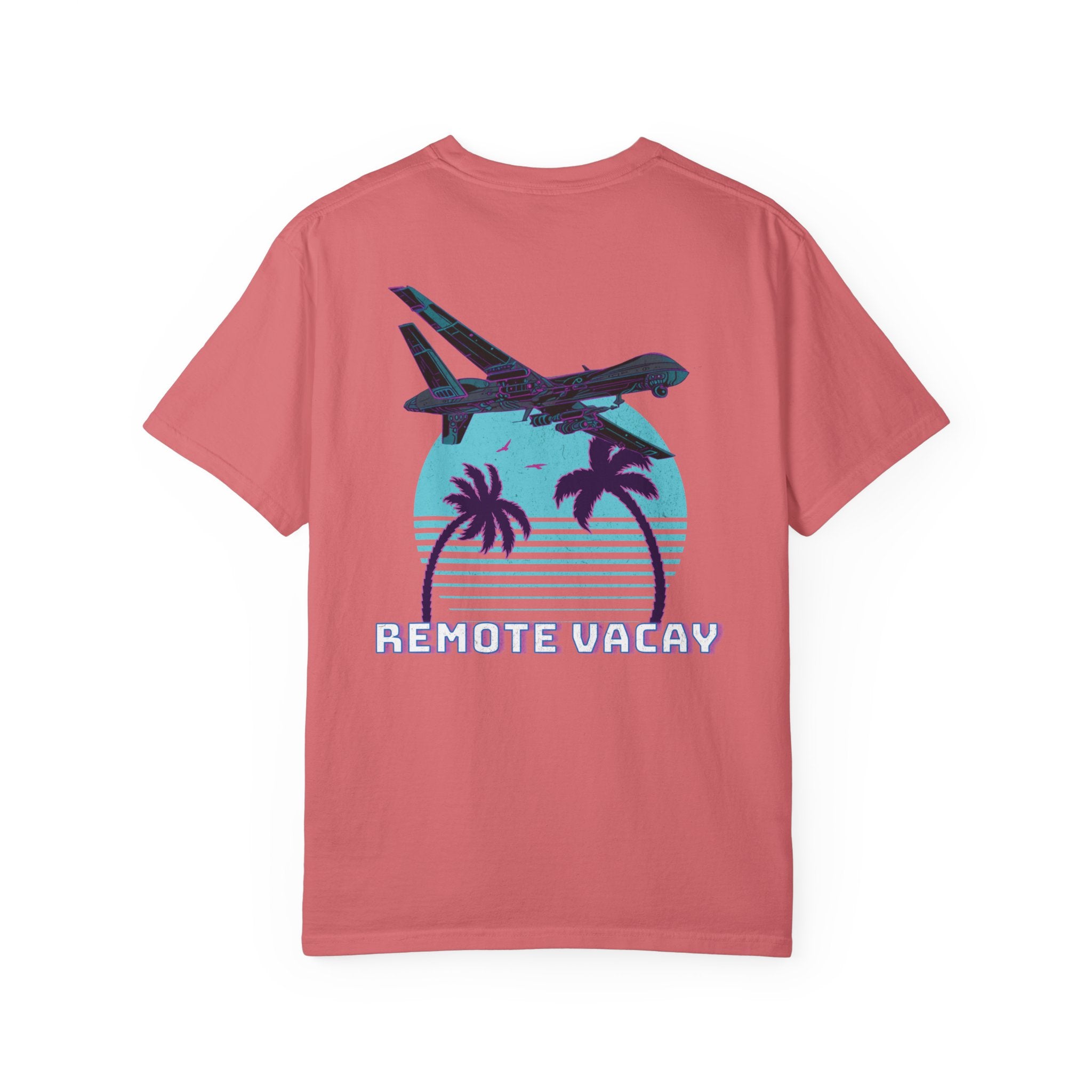 Watermelon heavyweight cotton t-shirt with retro airplane, palm trees, and "Remote Vacay" text graphic on back.