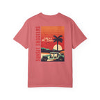 Watermelon Pink t-shirt with a graphic design of a sunset, palm tree, and jeep.