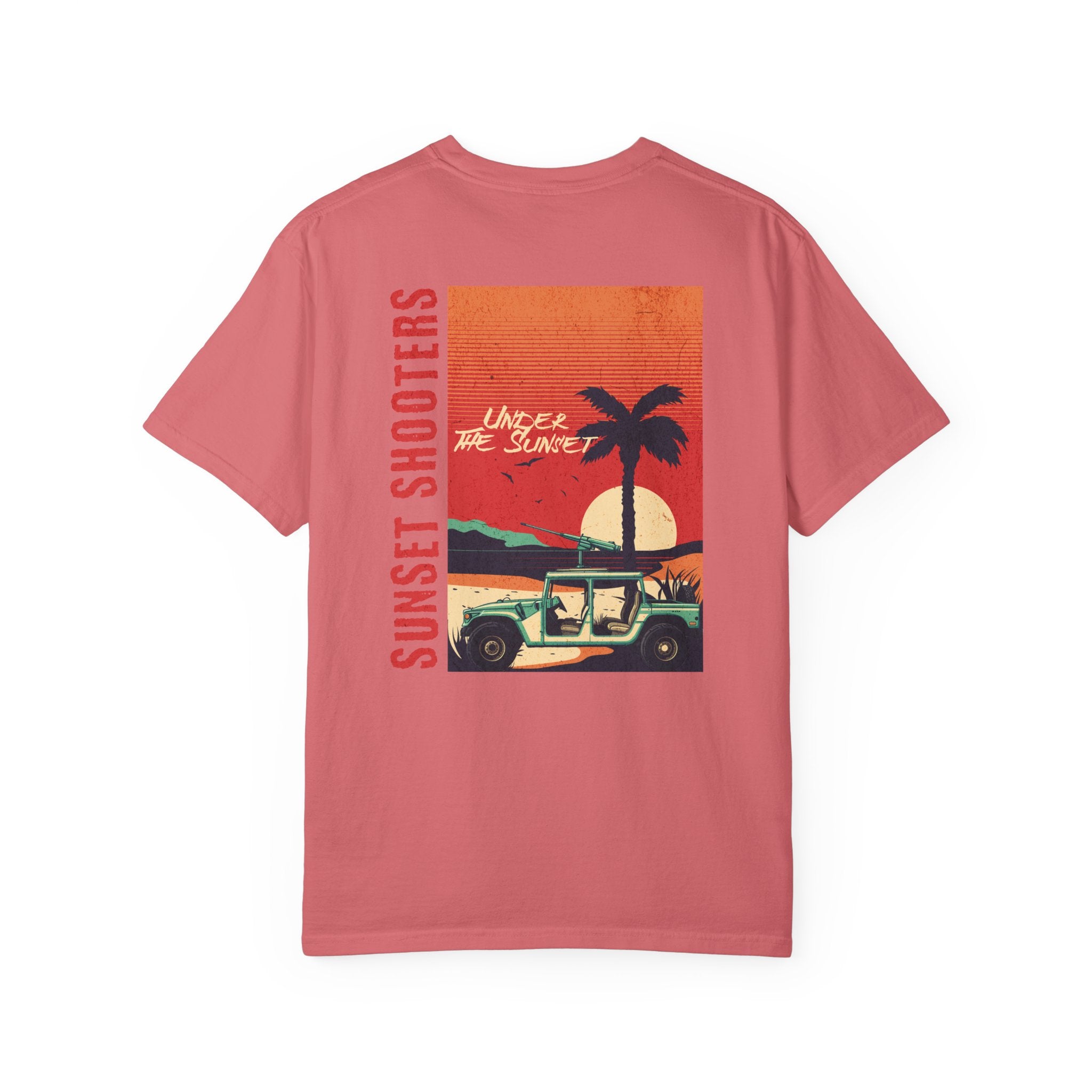 Watermelon Pink t-shirt with a graphic design of a sunset, palm tree, and jeep.