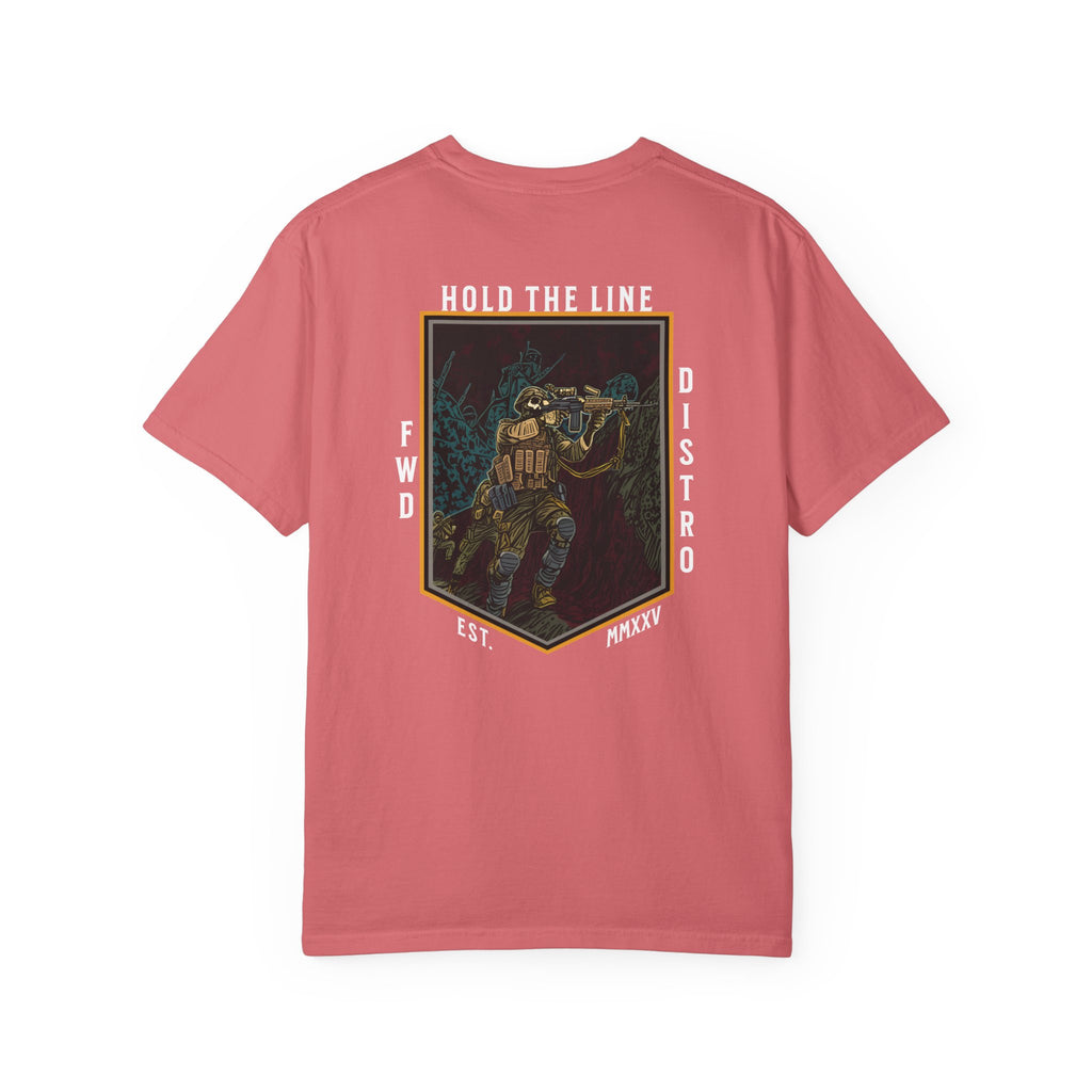 Watermelon Heavyweight t-shirt with a soldier firing over a bunker with text Hold The Line.