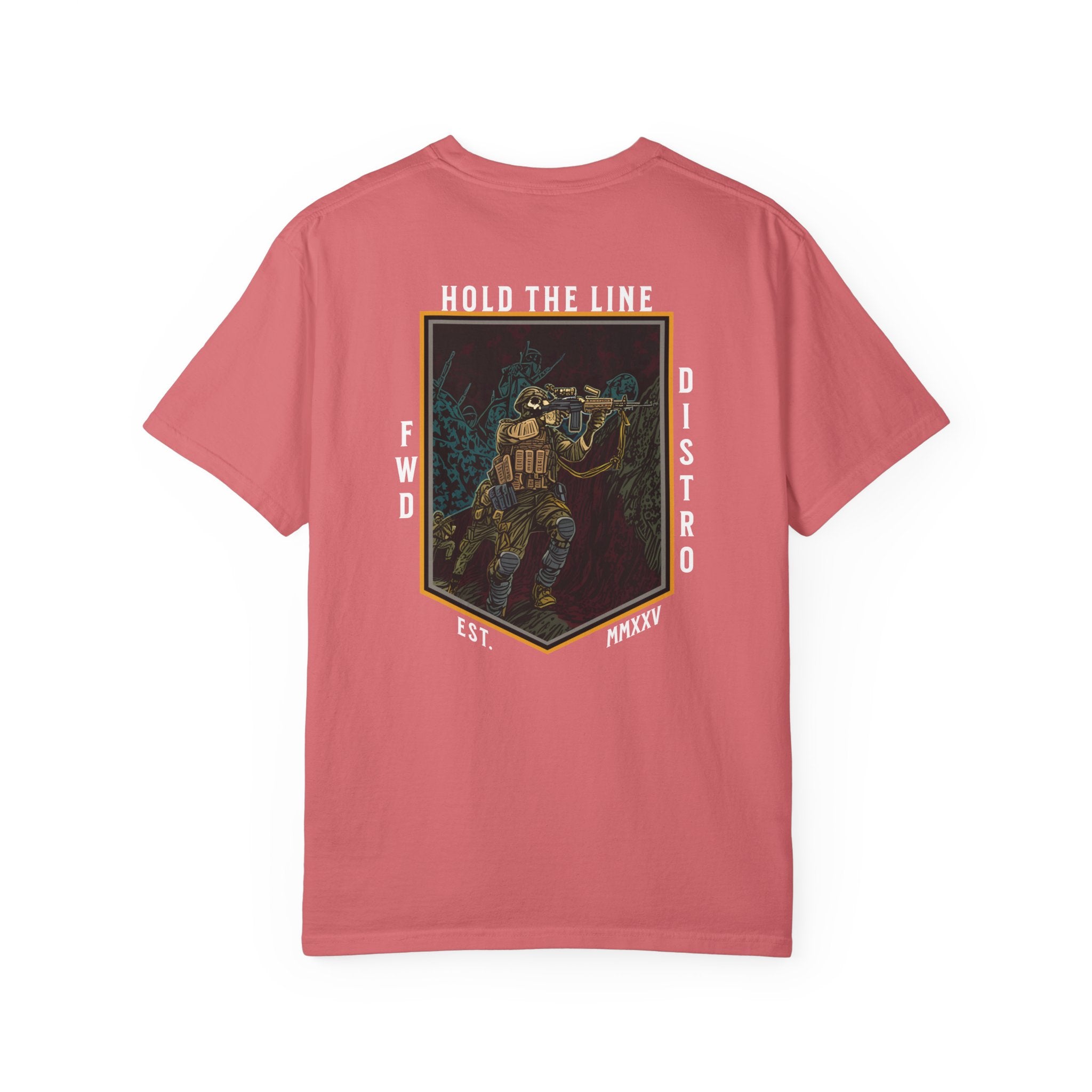 Watermelon Heavyweight t-shirt with a soldier firing over a bunker with text Hold The Line.