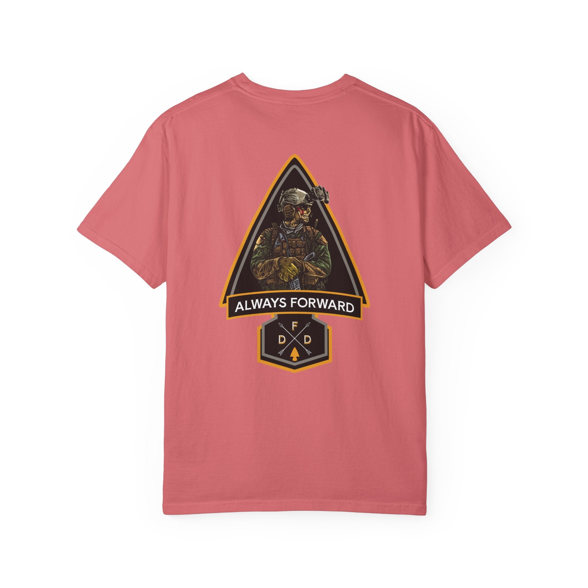 Watermelon FDD Arrow t-shirt with soldier graphic and "Always Forward" text on back, heavyweight cotton, relaxed fit.
