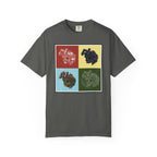 Pepper Pop ART t-shirt with four colorful pop art style mechanical skull designs on front.