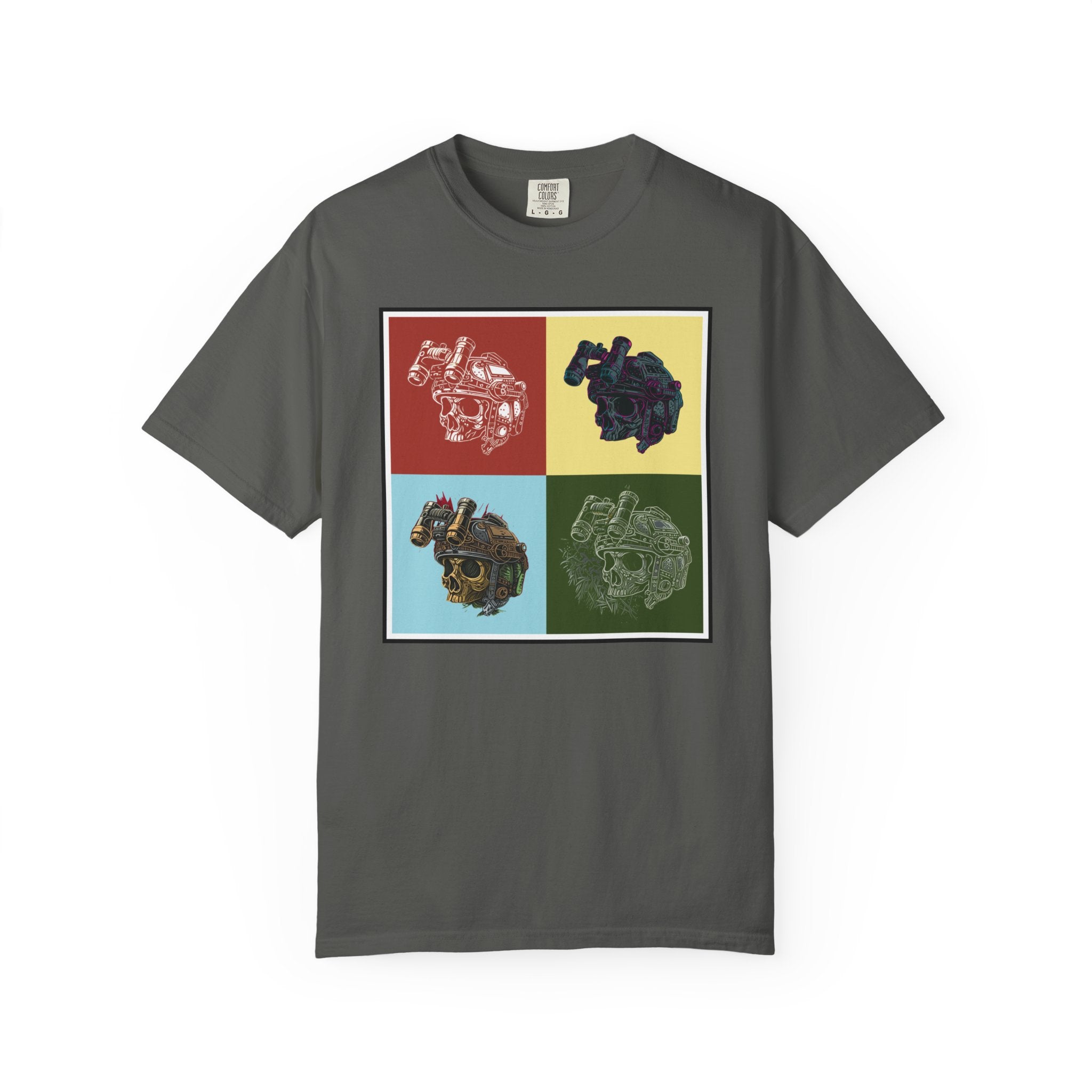 Pepper Pop ART t-shirt with four colorful pop art style mechanical skull designs on front.