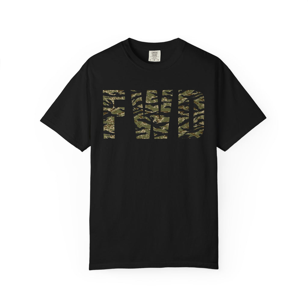 Black heavyweight cotton t-shirt with tiger stripe FWD logo printed on the front in classic relaxed fit design.
