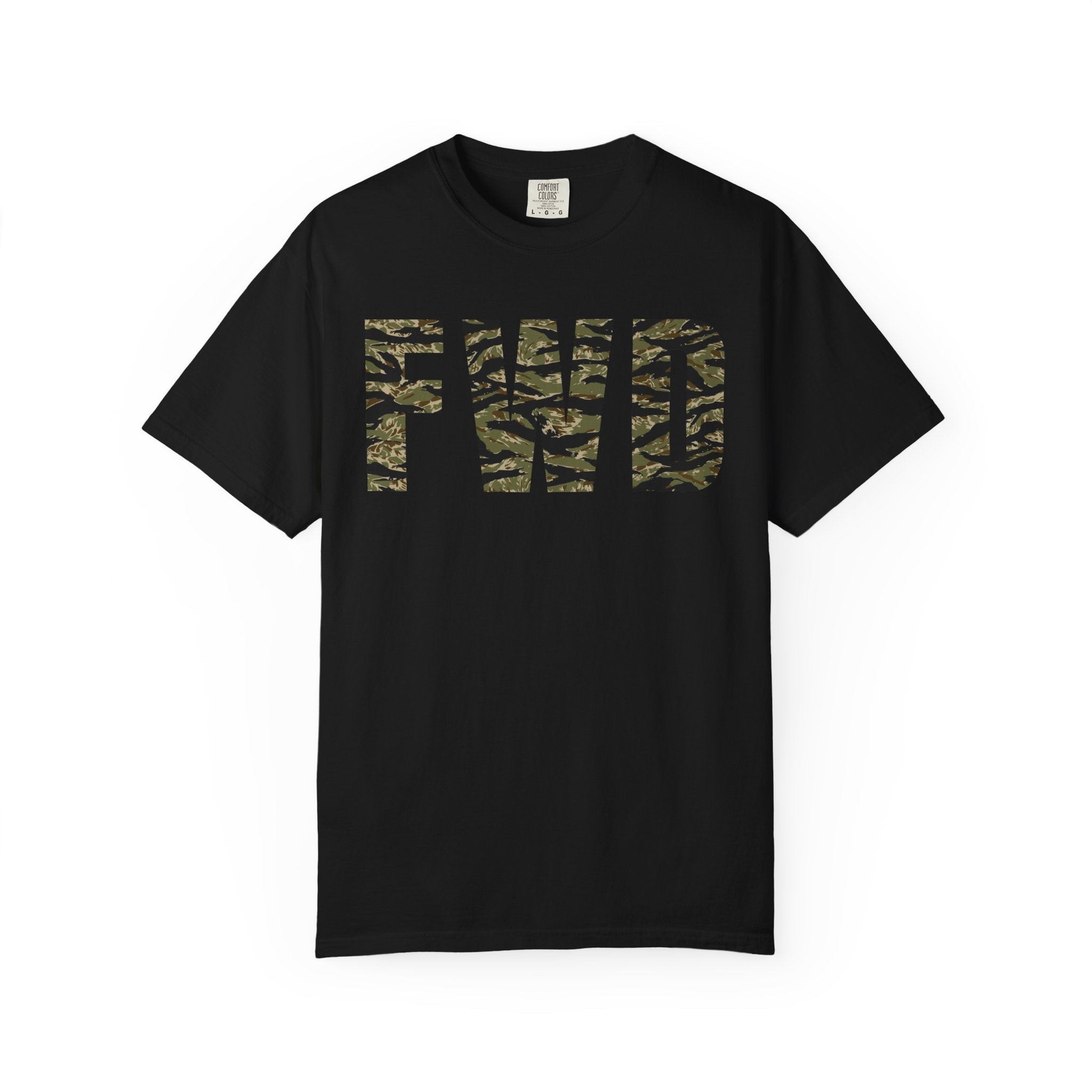 Black heavyweight cotton t-shirt with tiger stripe FWD logo printed on the front in classic relaxed fit design.