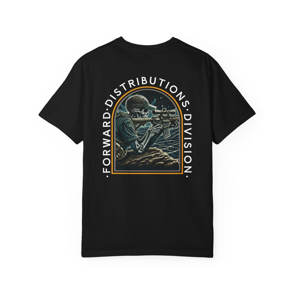 Black FDD Arch II t-shirt with a skeleton sniper design and "Forward Distributions Division" text on back.