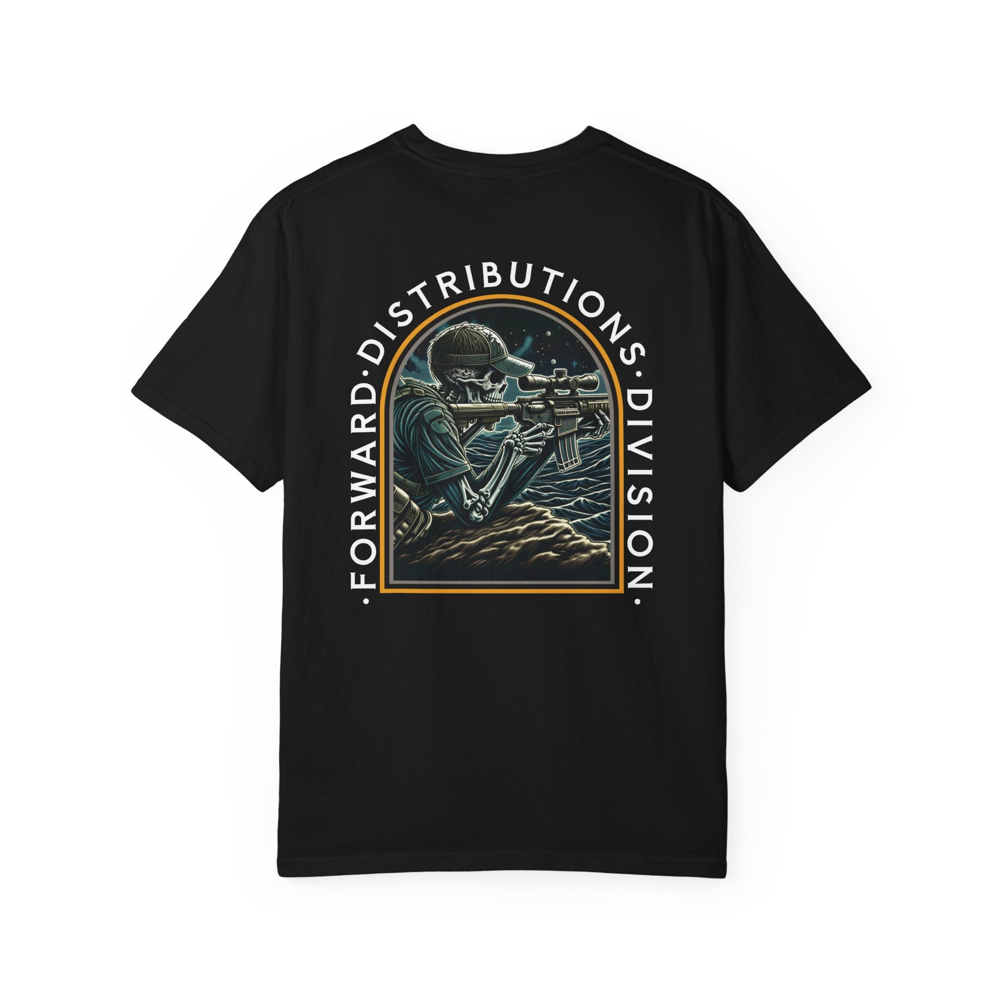 Black FDD Arch II t-shirt with a skeleton sniper design and "Forward Distributions Division" text on back.