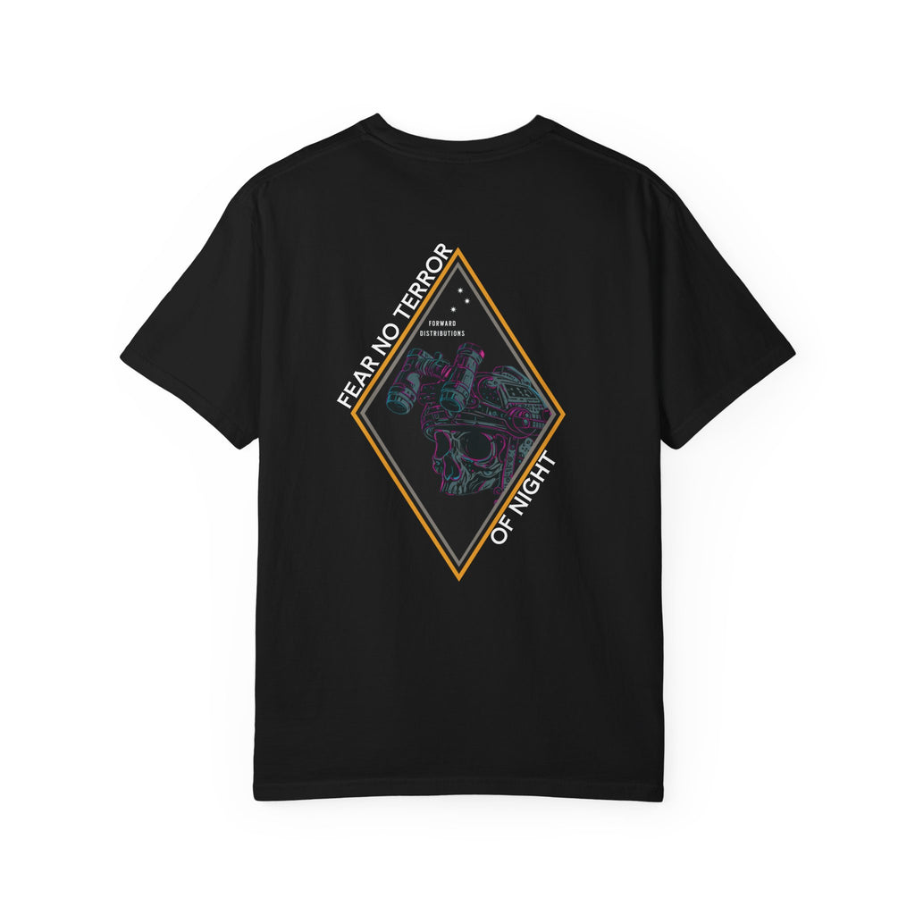 Black heavyweight cotton t-shirt with Fear No Terror of Night graphic featuring skull and night vision goggles design.
