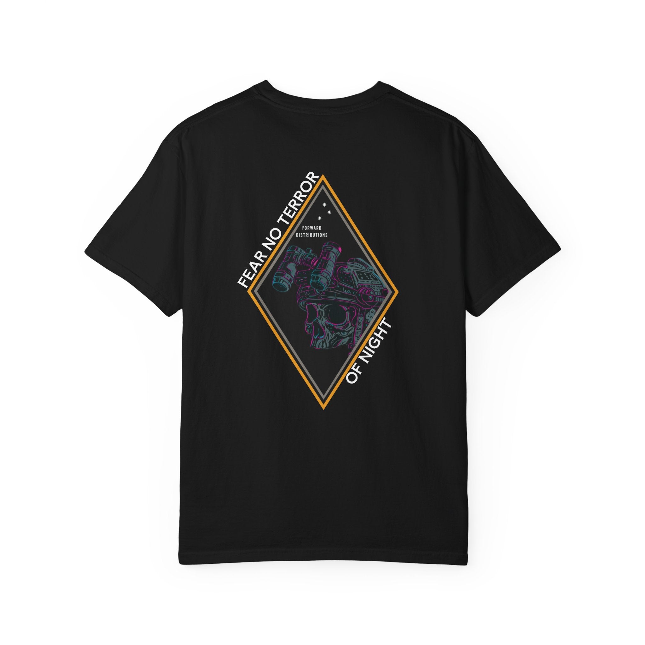 Black heavyweight cotton t-shirt with Fear No Terror of Night graphic featuring skull and night vision goggles design.