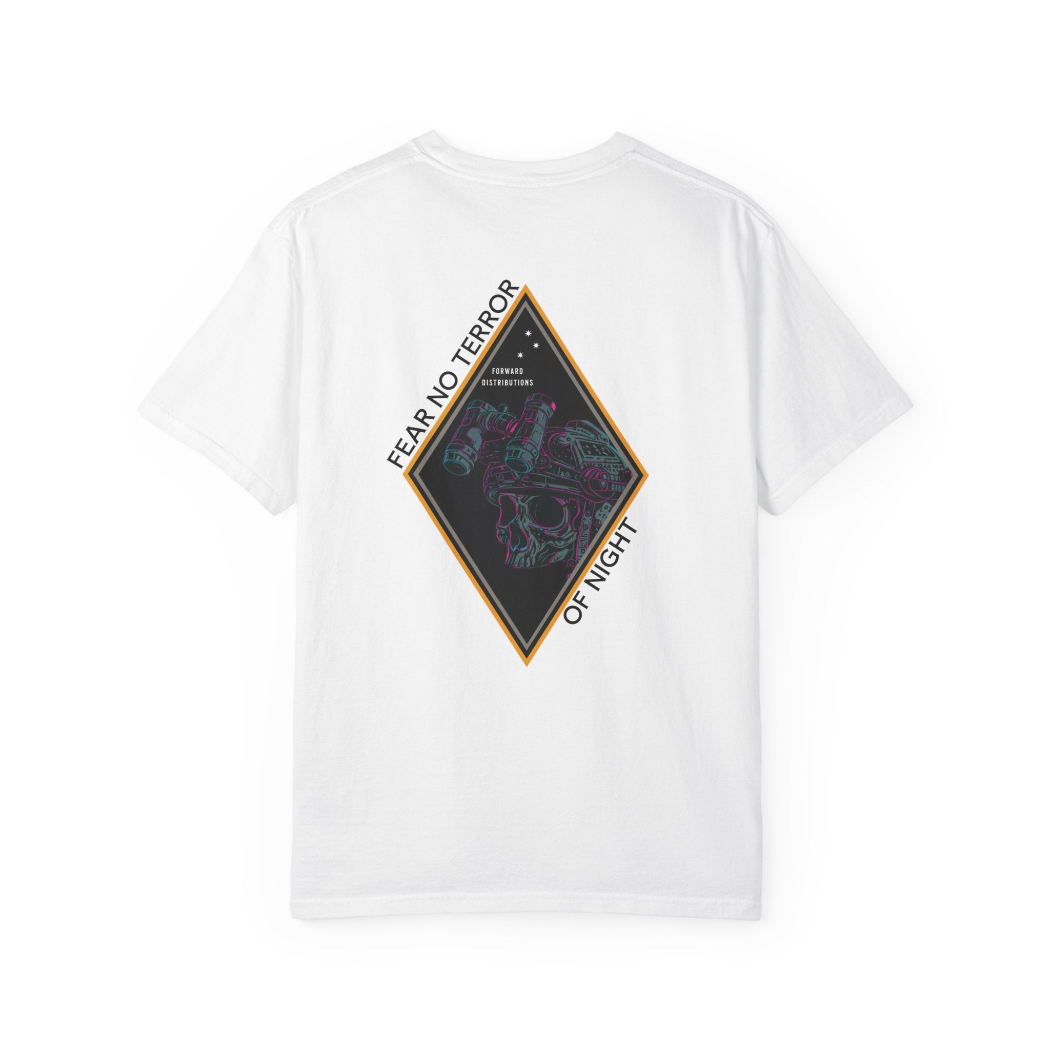 White heavyweight cotton t-shirt with Fear No Terror of Night graphic featuring skull and night vision goggles design.