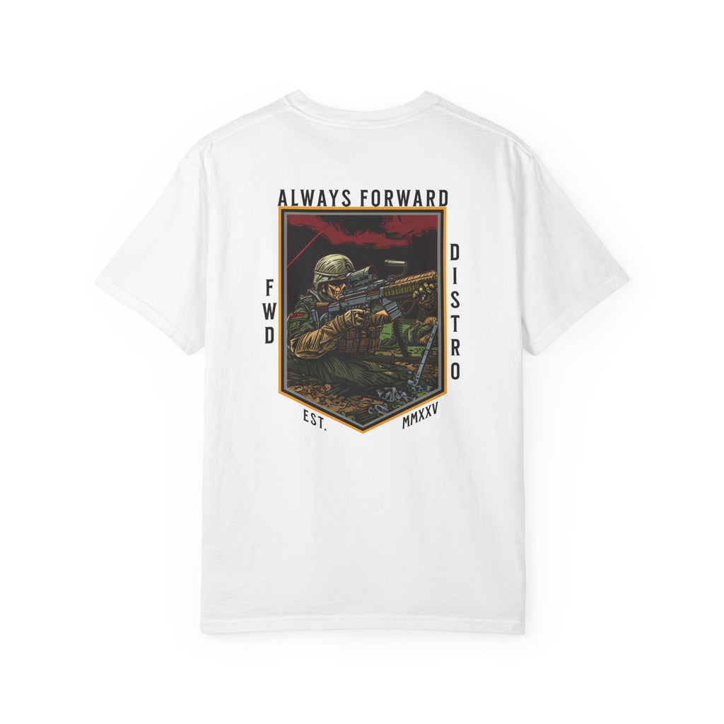 White heavyweight cotton t-shirt with "Always Forward" military sniper graphic and text design on back.
