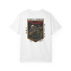 White heavyweight cotton t-shirt with "Always Forward" military sniper graphic and text design on back.