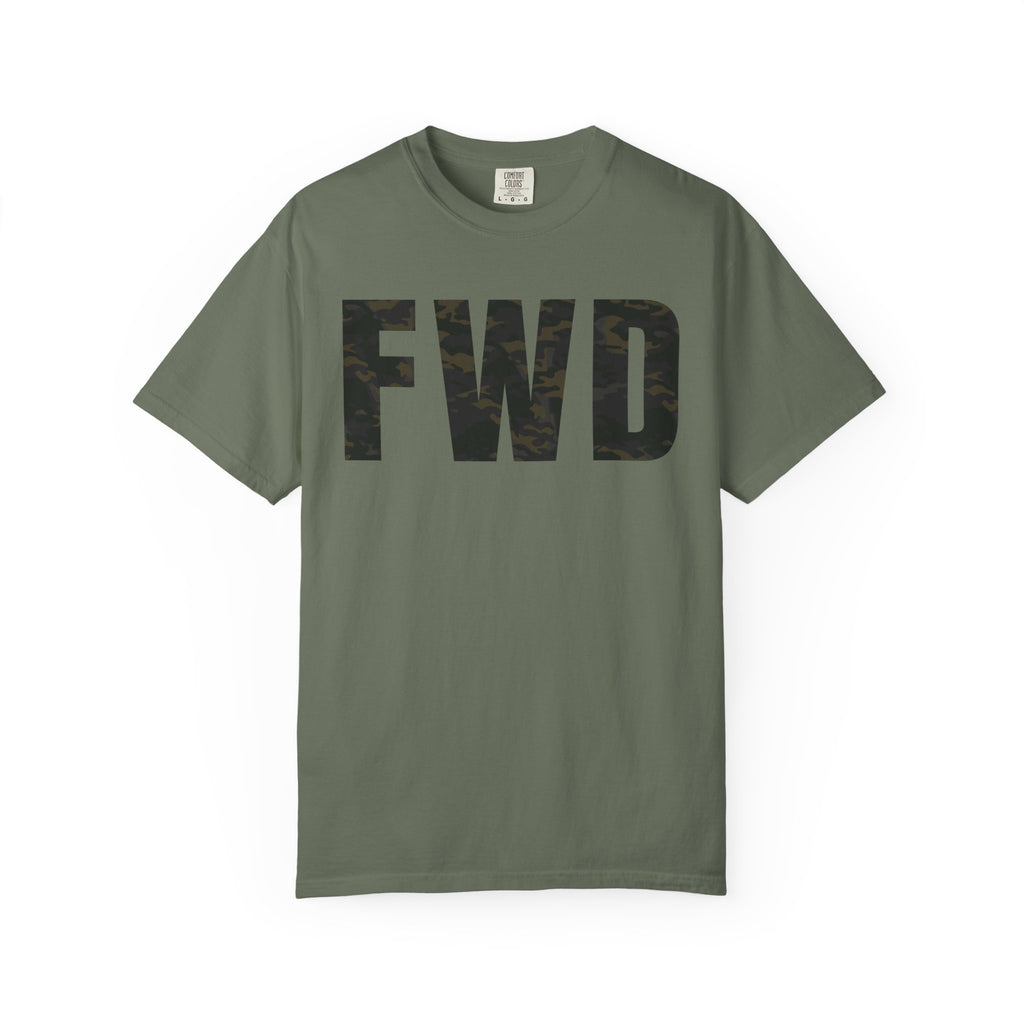 Moss heavyweight cotton t-shirt with multicam camo "FWD" text, relaxed fit and rib collar, garment-dyed finish.