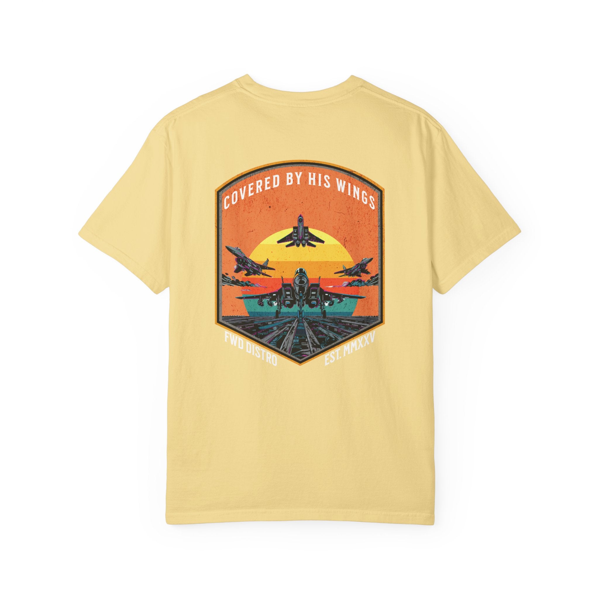 Butter t-shirt with graphic of fighter jets and sunset text Covered By His Wings on back