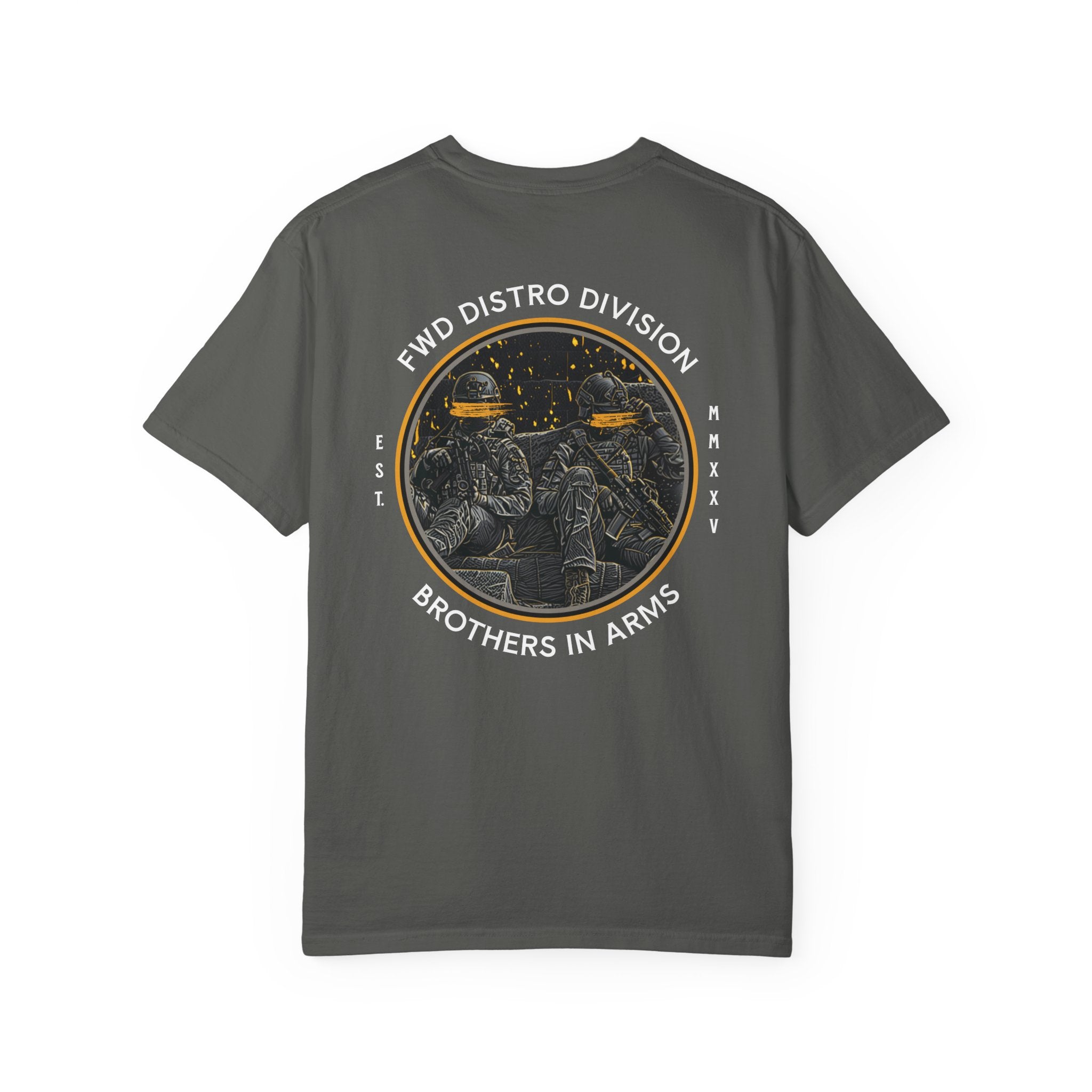 Pepper heavyweight cotton t-shirt with a vintage Brothers in Arms soldier graphic and circular text design on the back.