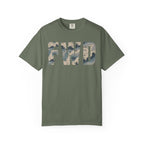 Moss heavyweight cotton t-shirt with FWD text in polar choc chip camo pattern, relaxed fit, rib collar, and durable stitching.