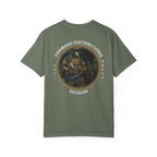 Moss t-shirt with a circular graphic design with a soldier wearing a helmet and tactical gear, with text around the design reading "FORWARD DISTRIBUTIONS DIVISION."