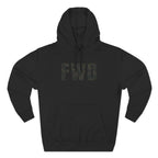Black hoodie with adjustable hood, kangaroo pocket, and FWD text in black multicam.