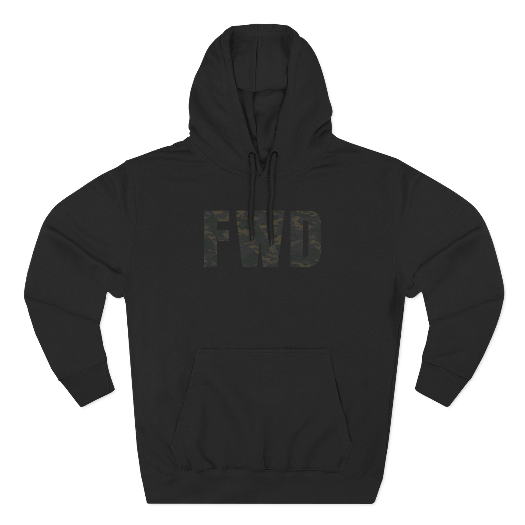 Black hoodie with adjustable hood, kangaroo pocket, and FWD text in black multicam.