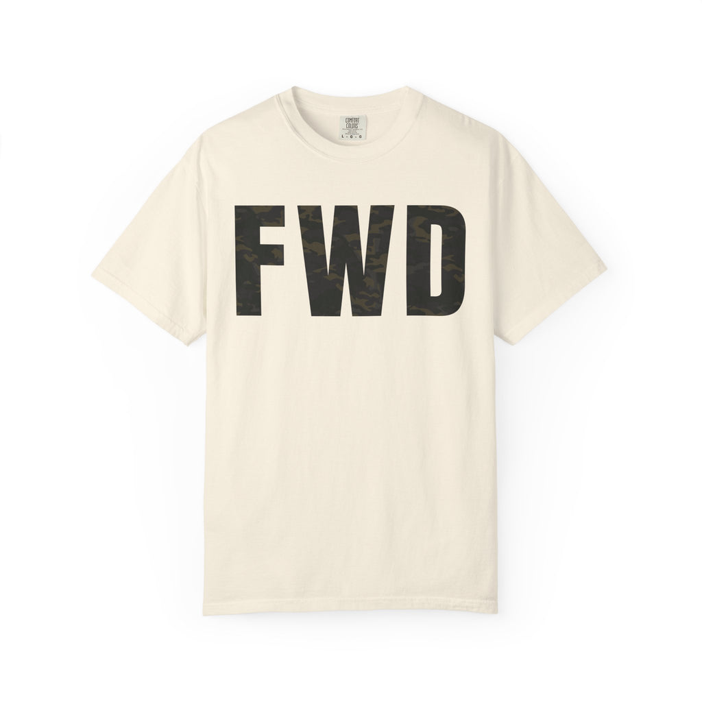 Ivory heavyweight cotton t-shirt with multicam camo "FWD" text, relaxed fit and rib collar, garment-dyed finish.