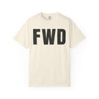 Ivory heavyweight cotton t-shirt with multicam camo "FWD" text, relaxed fit and rib collar, garment-dyed finish.
