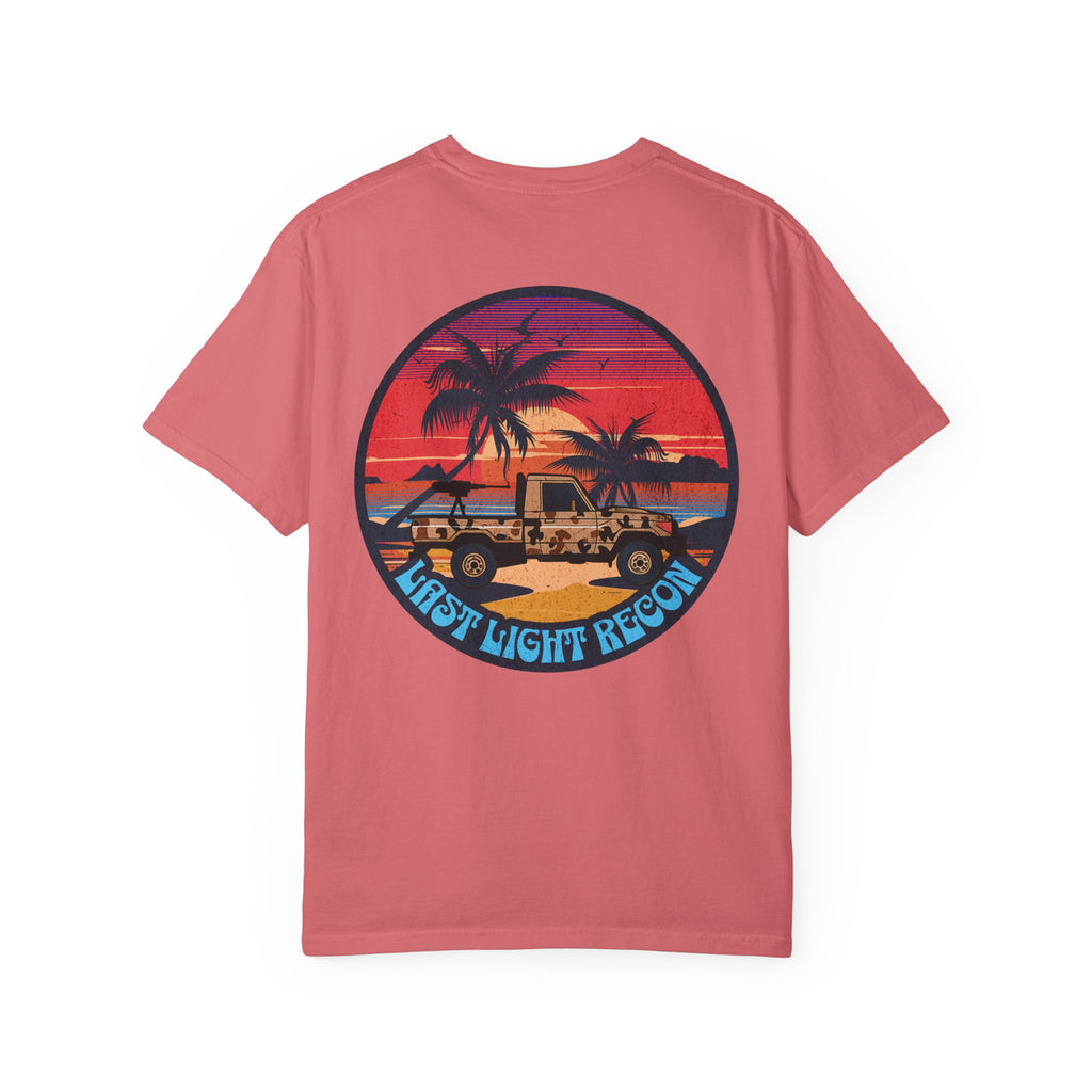 Watermelon t-shirt with a sunset beach graphic featuring palm trees, a jeep, and "Last Light Recon" text on the back.