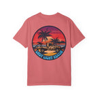 Watermelon t-shirt with a sunset beach graphic featuring palm trees, a jeep, and "Last Light Recon" text on the back.