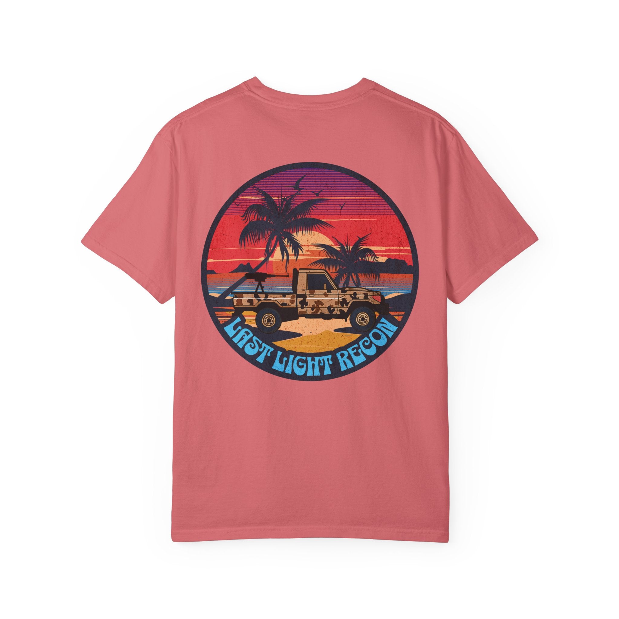 Watermelon t-shirt with a sunset beach graphic featuring palm trees, a jeep, and "Last Light Recon" text on the back.
