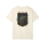 Ivory Heavyweight t-shirt with a soldier firing over a bunker with text Hold The Line.
