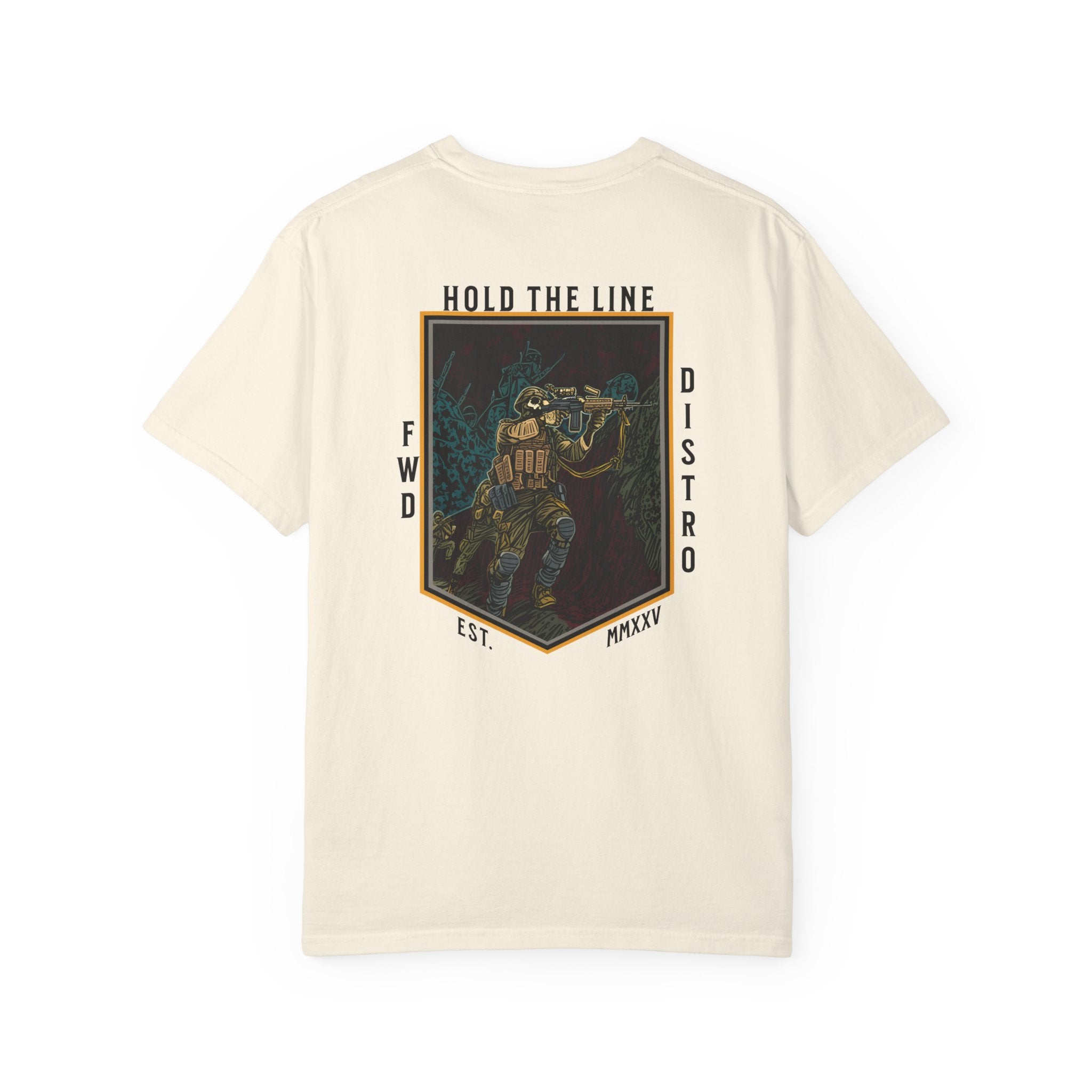 Ivory Heavyweight t-shirt with a soldier firing over a bunker with text Hold The Line.