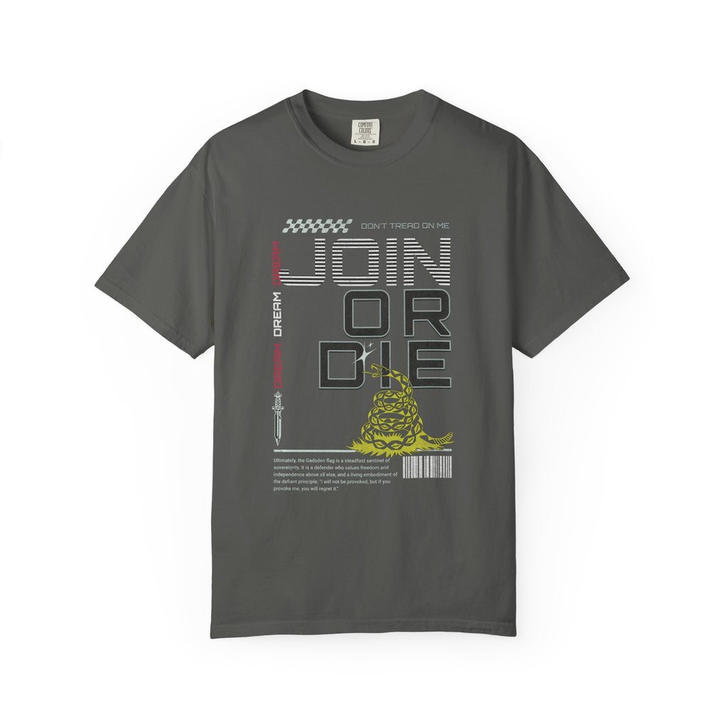 Pepper heavyweight cotton t-shirt with "JOIN OR DIE" text and Gadsden snake graphic design on front