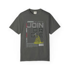 Pepper heavyweight cotton t-shirt with "JOIN OR DIE" text and Gadsden snake graphic design on front
