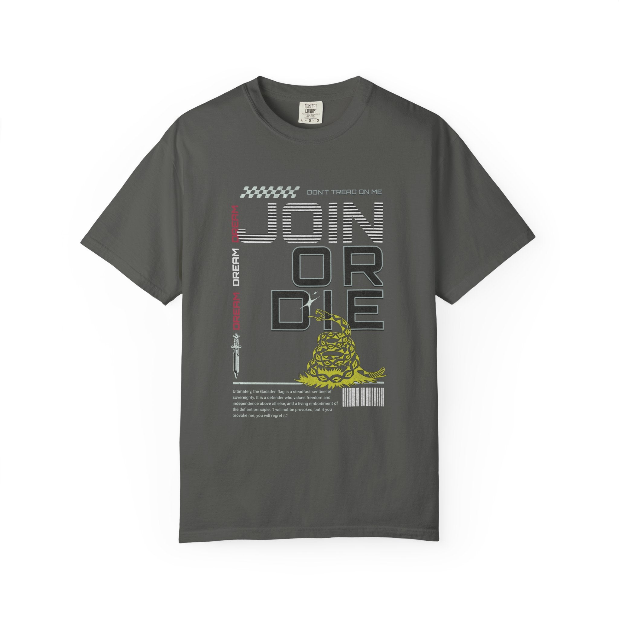 Pepper heavyweight cotton t-shirt with "JOIN OR DIE" text and Gadsden snake graphic design on front