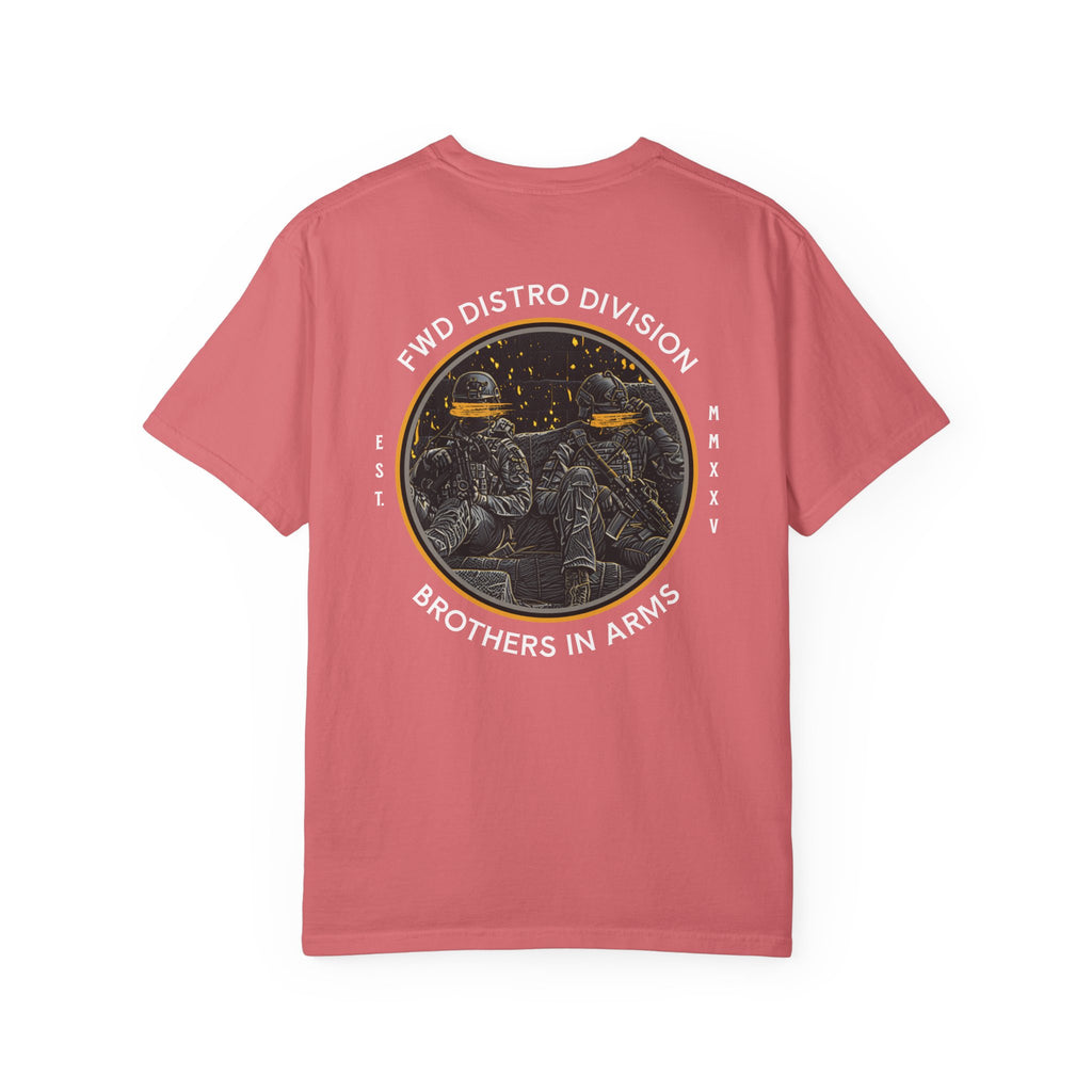 Watermelon heavyweight cotton t-shirt with a vintage Brothers in Arms soldier graphic and circular text design on the back.