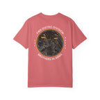 Watermelon heavyweight cotton t-shirt with a vintage Brothers in Arms soldier graphic and circular text design on the back.