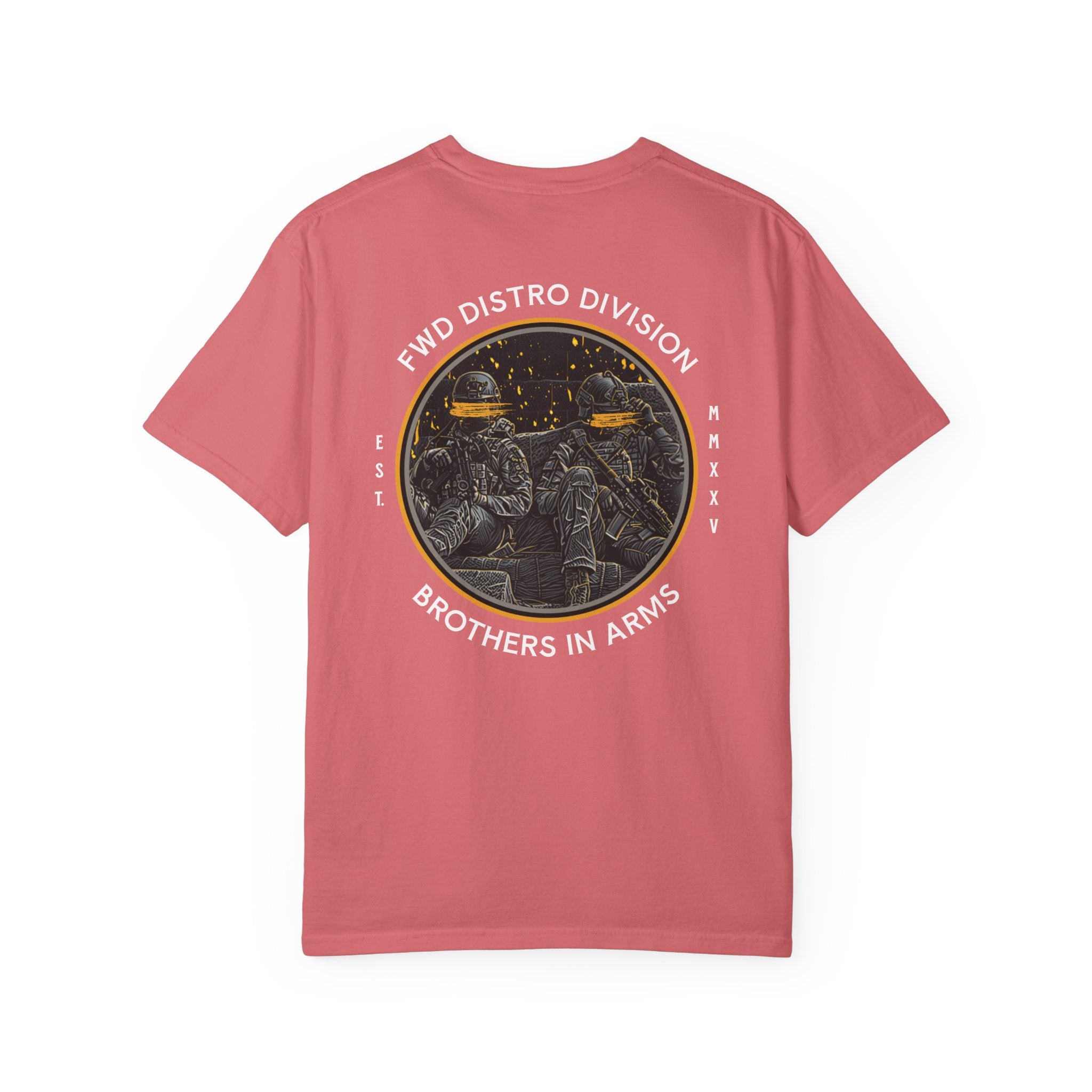 Watermelon heavyweight cotton t-shirt with a vintage Brothers in Arms soldier graphic and circular text design on the back.