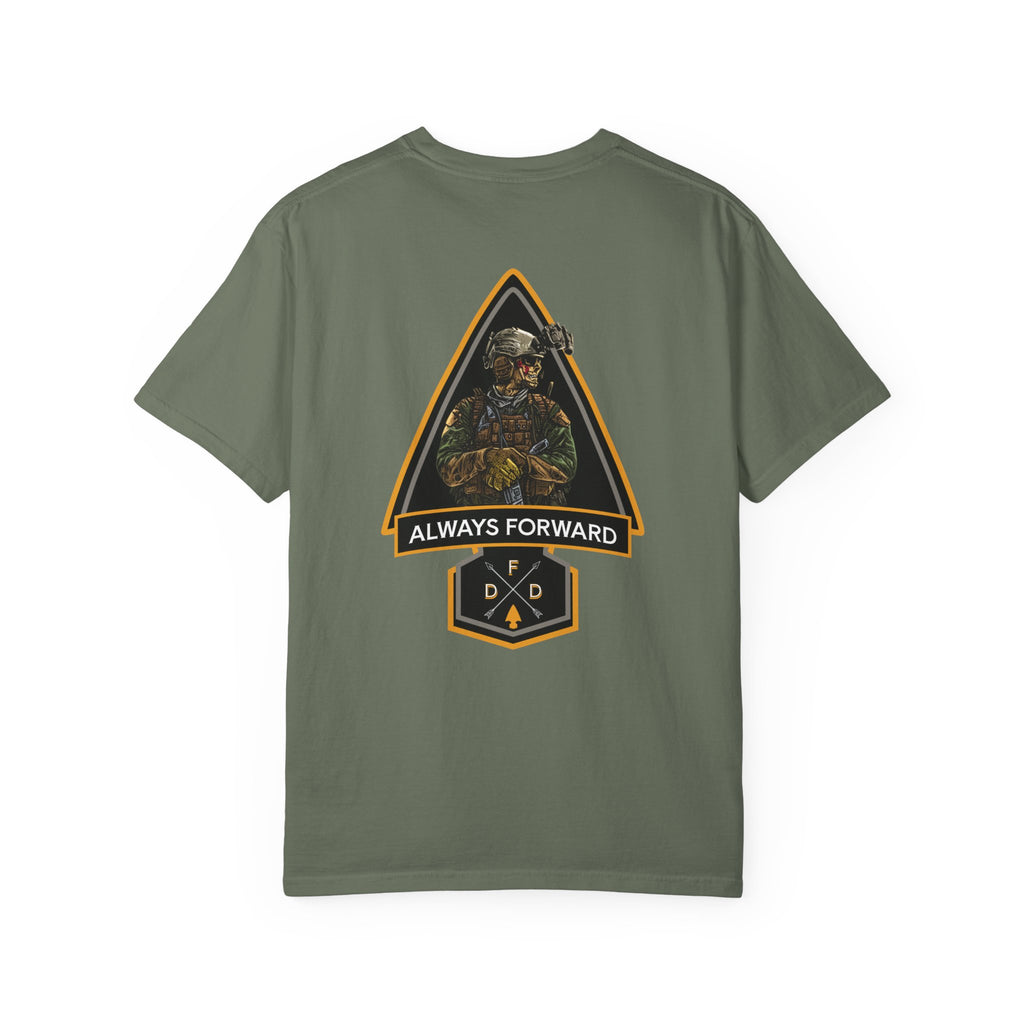 Moss FDD Arrow t-shirt with soldier graphic and "Always Forward" text on back, heavyweight cotton, relaxed fit.